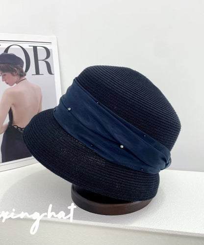 Elegant Beige Tulle Zircon Straw Woven Bucket Hat