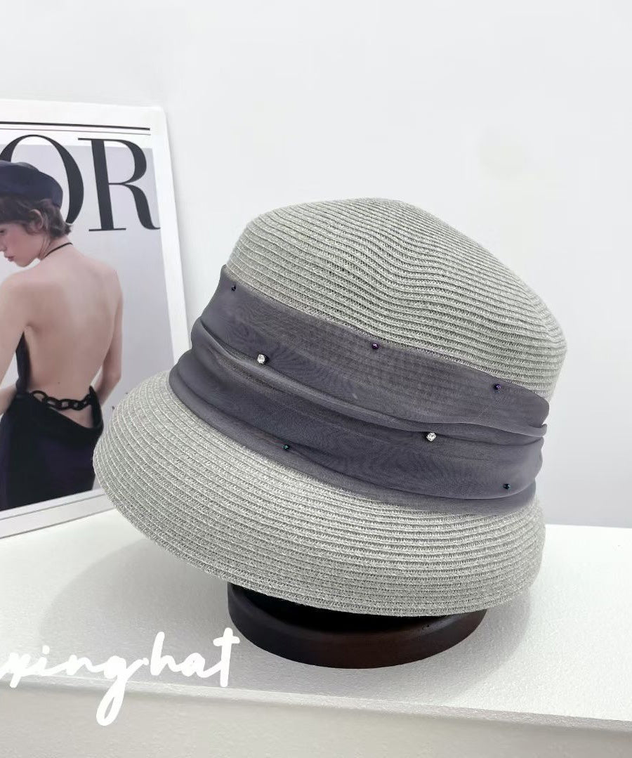 Elegant Beige Tulle Zircon Straw Woven Bucket Hat