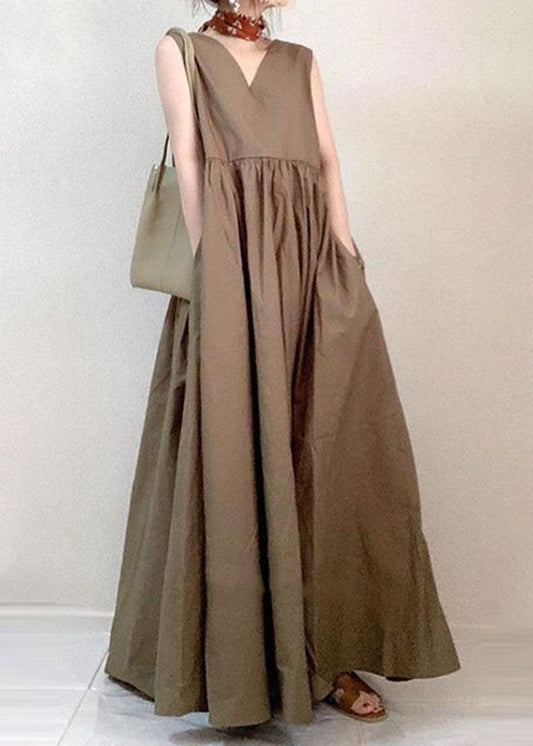 Elegantes beiges, ärmelloses Urlaubskleid aus Baumwolle mit V-Ausschnitt und Patchwork