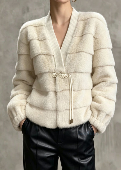 Elegant Beige V Neck Tassel Patchwork Faux Fur Jackets Winter