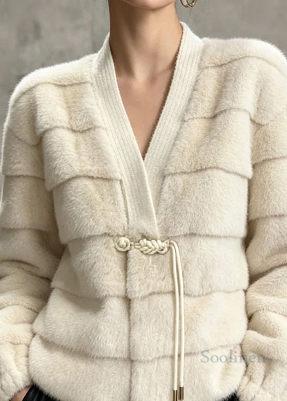 Elegant Beige V Neck Tassel Patchwork Faux Fur Jackets Winter