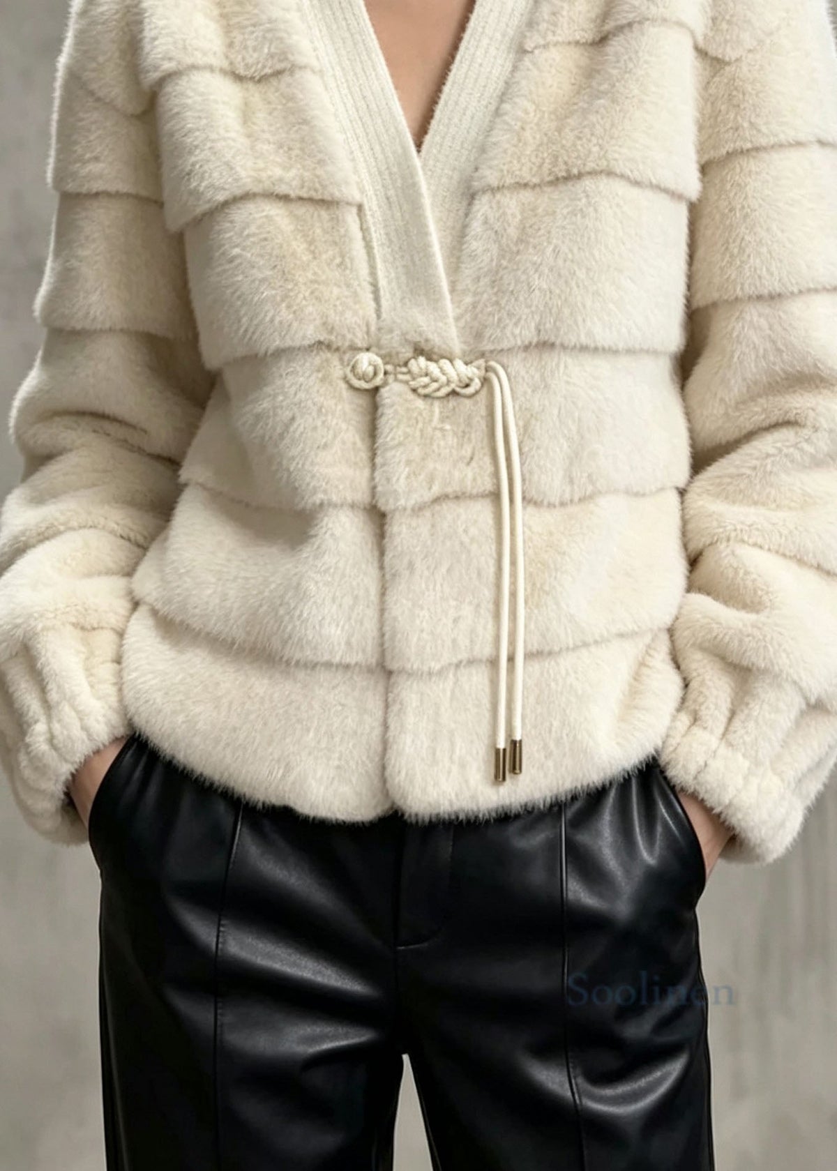 Elegant Beige V Neck Tassel Patchwork Faux Fur Jackets Winter