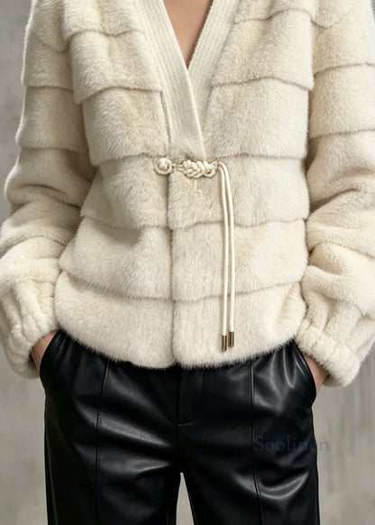 Elegant Beige V Neck Tassel Patchwork Faux Fur Jackets Winter