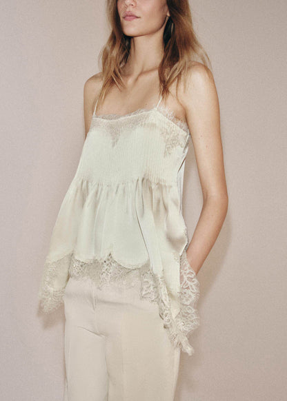 Elegant Beige Wrinkled Lace Patchwork Chiffon Spaghetti Strap Tops Summer