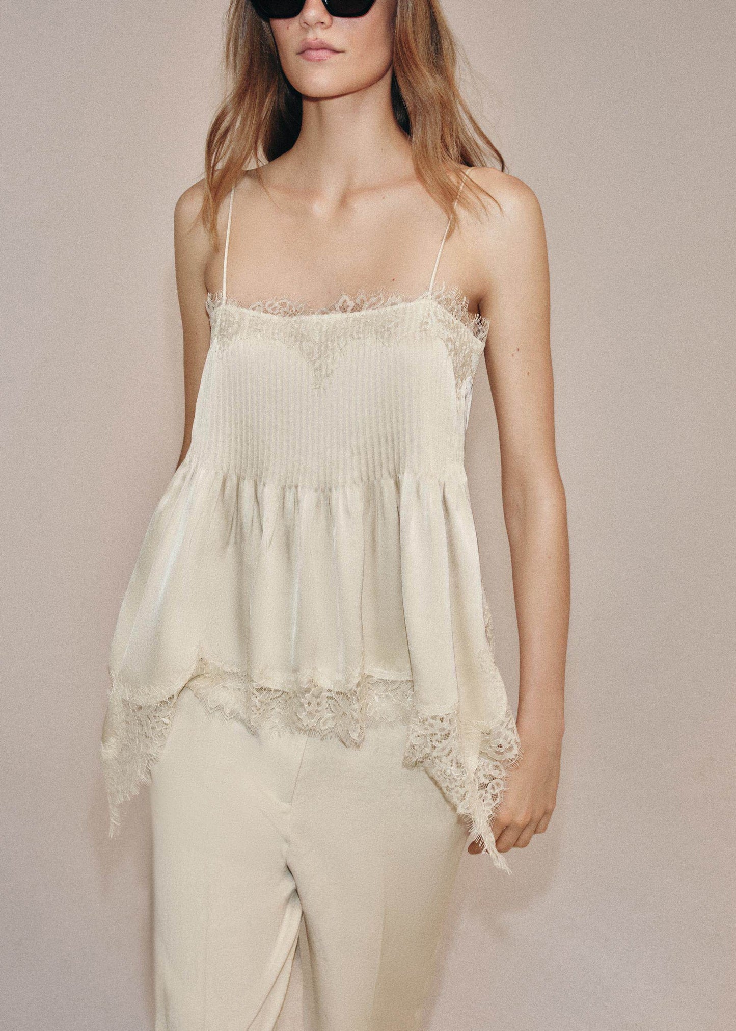 Elegant Beige Wrinkled Lace Patchwork Chiffon Spaghetti Strap Tops Summer