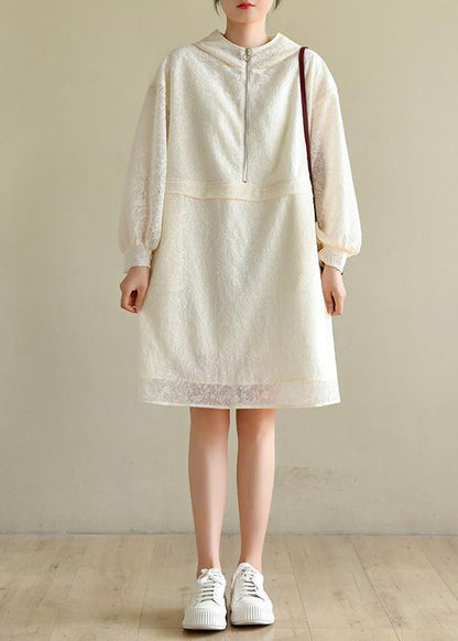 Elegant Beige zippered Chiffon Summer Work Dress - SooLinen