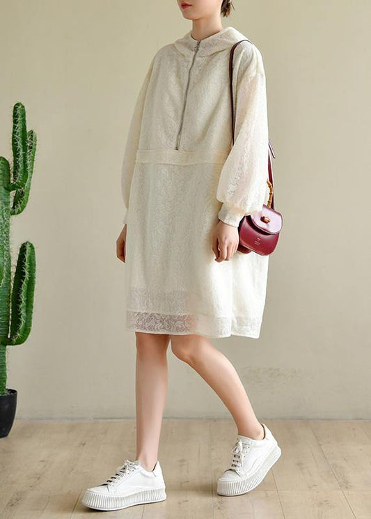 Elegant Beige zippered Chiffon Summer Work Dress - SooLinen