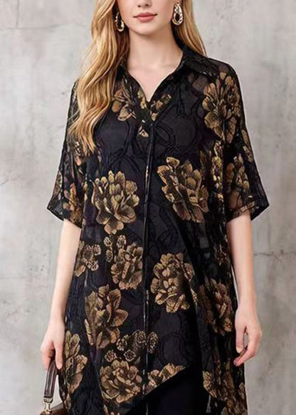 Elegant Black Asymmetrical Floral Silk Blouse Tops Summer