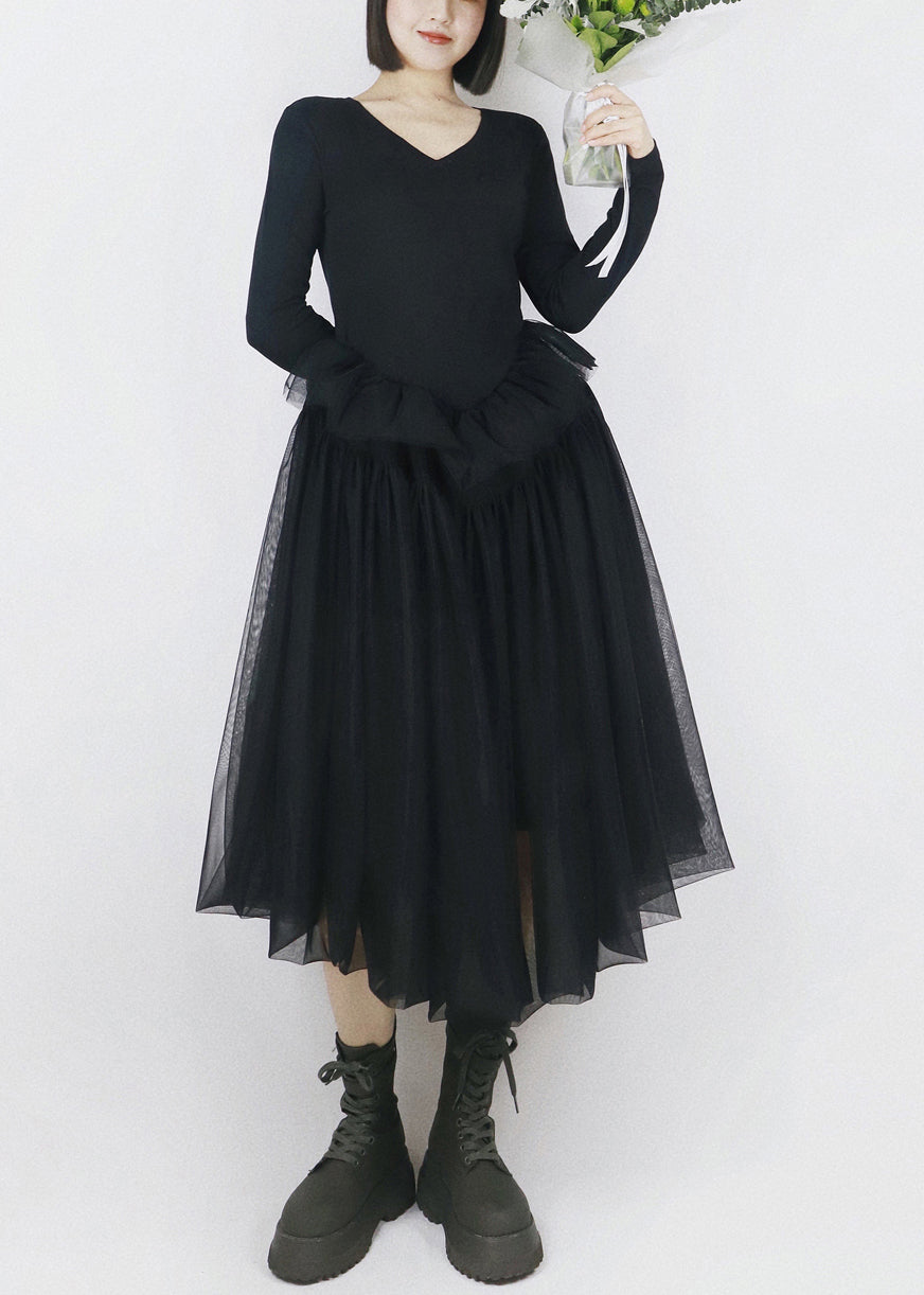 Elegant Black Asymmetrical Tulle Patchwork Cotton Dresses