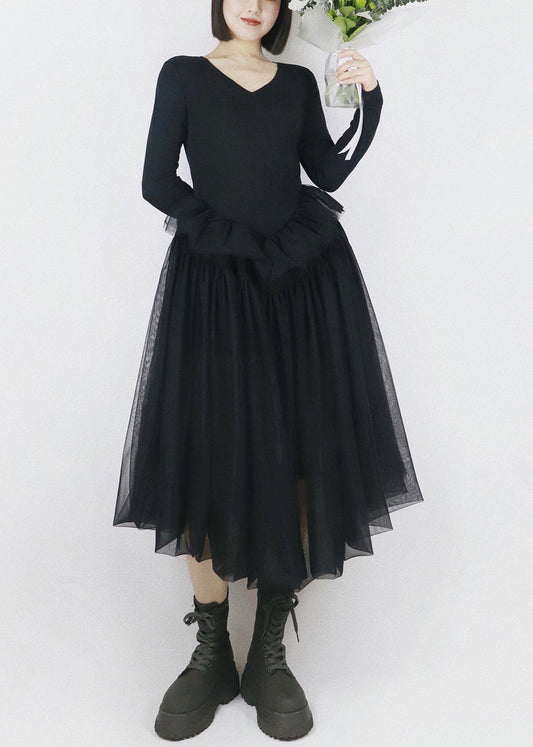 Elegant Black Asymmetrical Tulle Patchwork Cotton Dresses