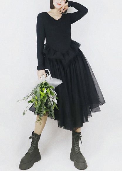 Elegant Black Asymmetrical Tulle Patchwork Cotton Dresses