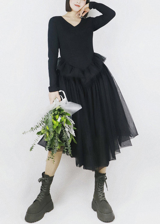 Elegant Black Asymmetrical Tulle Patchwork Cotton Dresses