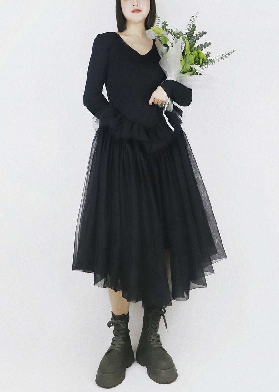 Elegant Black Asymmetrical Tulle Patchwork Cotton Dresses