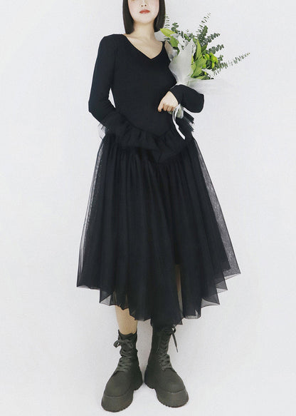 Elegant Black Asymmetrical Tulle Patchwork Cotton Dresses