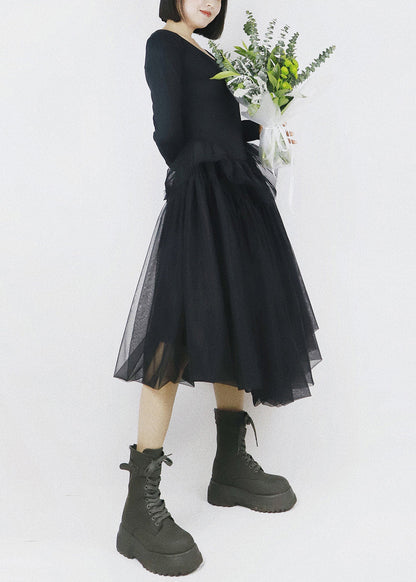 Elegant Black Asymmetrical Tulle Patchwork Cotton Dresses