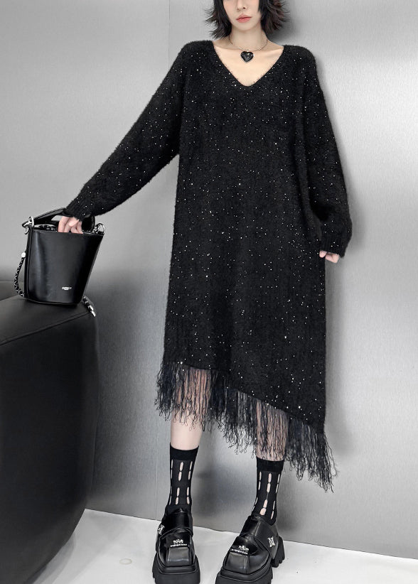 Elegant Black Asymmetrical Tulle Patchwork Sequins Cotton Knit Sweater Dress Fall