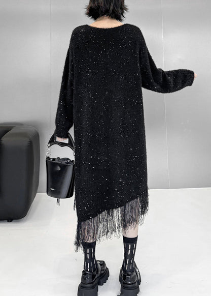 Elegant Black Asymmetrical Tulle Patchwork Sequins Cotton Knit Sweater Dress Fall
