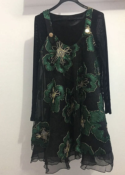 Elegantes schwarzes Unterhemd + besticktes Printkleid, zweiteiliges Herbst-Set