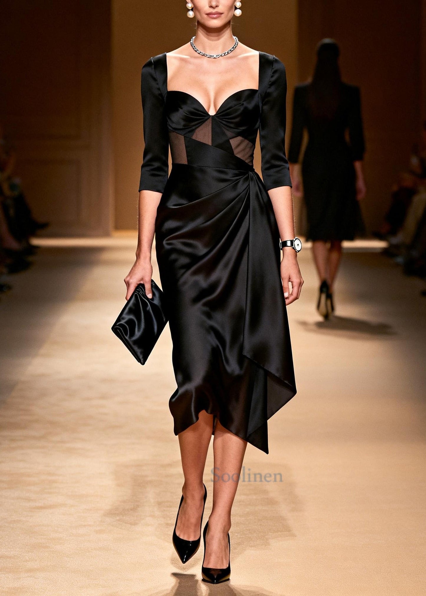 Elegant Black Bustier Asymmetrical Wrinkled Silk Party Dress Summer