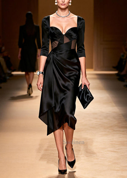 Elegant Black Bustier Asymmetrical Wrinkled Silk Party Dress Summer
