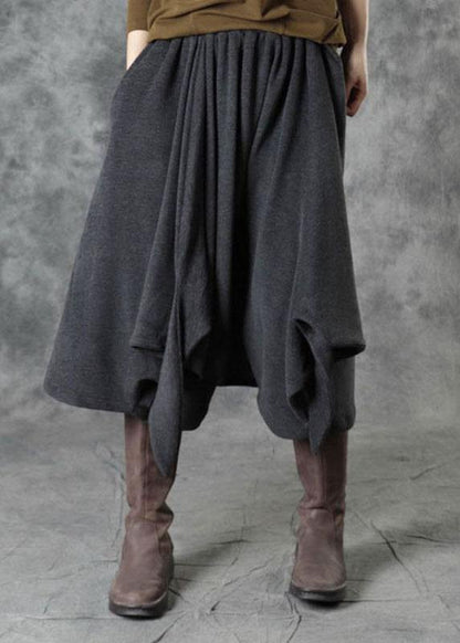 Elegant Black Elastic Waist Asymmetrical Design Fall Pants - SooLinen