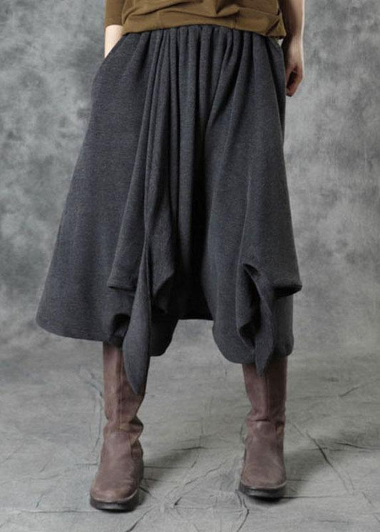 Elegant Black Elastic Waist Asymmetrical Design Fall Pants - SooLinen