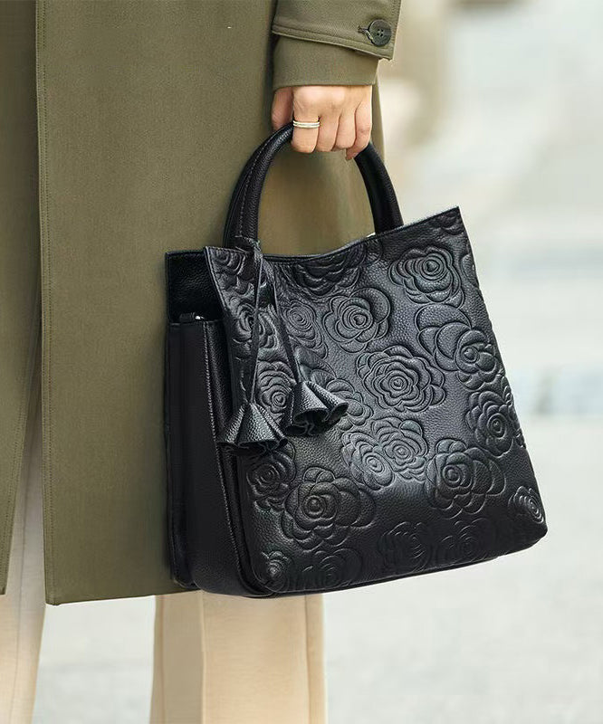 Elegant Black Emboss Large Capacity Leather Tote Handbag