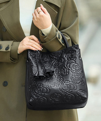 Elegant Black Emboss Large Capacity Leather Tote Handbag