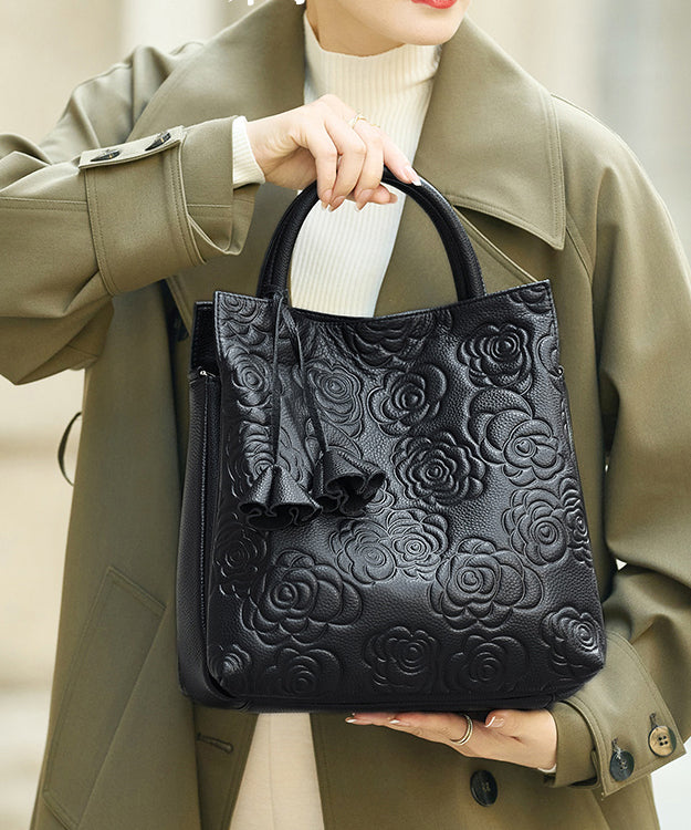 Elegant Black Emboss Large Capacity Leather Tote Handbag