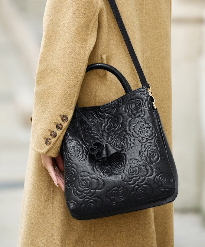 Elegant Black Emboss Large Capacity Leather Tote Handbag