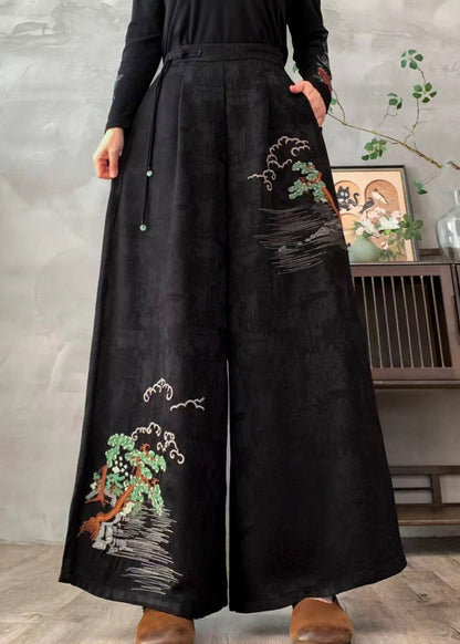 Elegante schwarze, bestickte Jacquard-Seidenhose mit weitem Bein für den Frühling