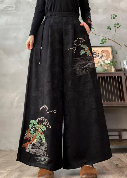 Elegant Black Embroidered Jacquard Silk Wide Leg Pants Spring