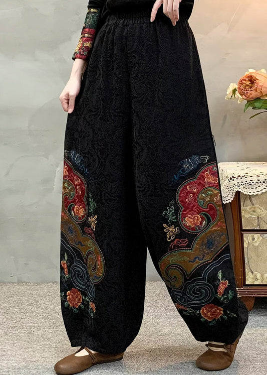 Elegante schwarze bestickte Oversize-Leinenhose für den Frühling