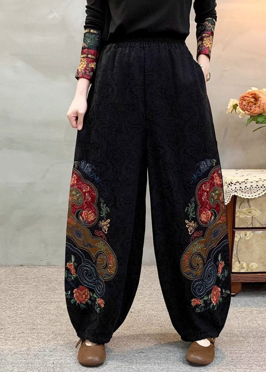 Elegante schwarze bestickte Oversize-Leinenhose für den Frühling