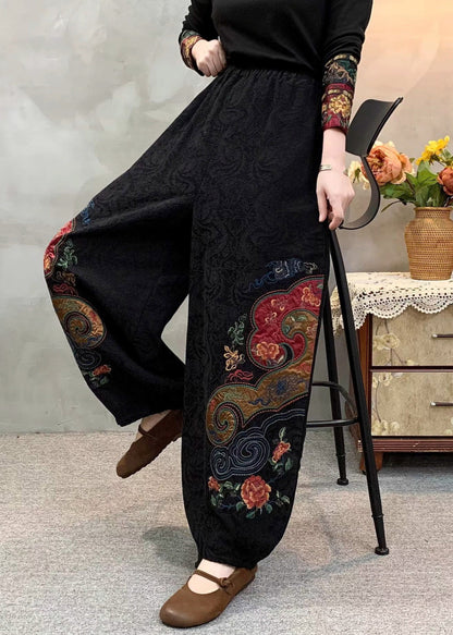 Elegant Black Embroidered Oversized Linen Pants Spring