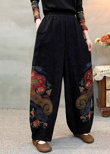 Elegant Black Embroidered Oversized Linen Pants Spring