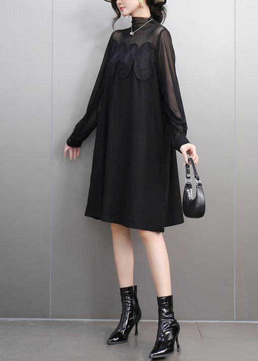 Elegant Black Lace Pockets Tulle Patchwork Dresses Fall