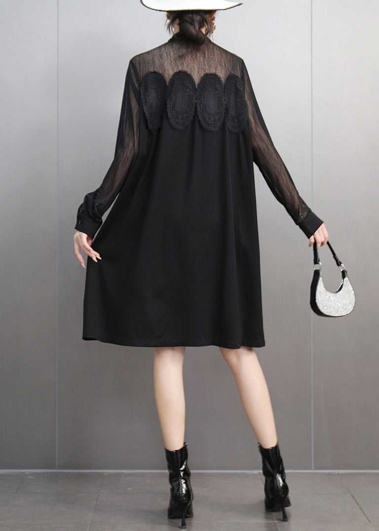 Elegant Black Lace Pockets Tulle Patchwork Dresses Fall