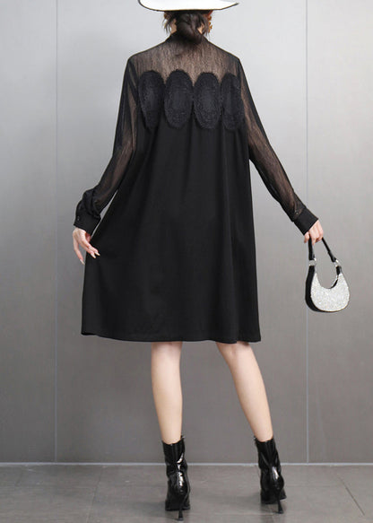 Elegant Black Lace Pockets Tulle Patchwork Dresses Fall