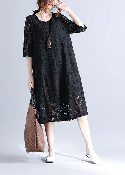 Elegant Black Loose Lace Summer Half Sleeve Summer Dress - SooLinen