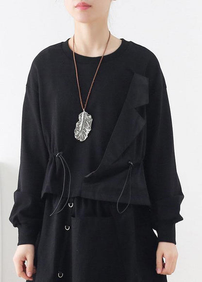 Elegant Black O-Neck Asymmetrical Design Cinched Sweatshirt Streetwear - SooLinen