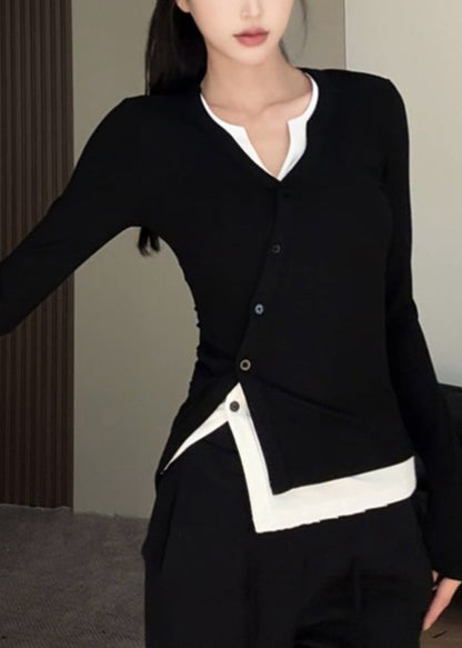 Elegant Black O-Neck Asymmetrical Top Fake Two Pieces Fall