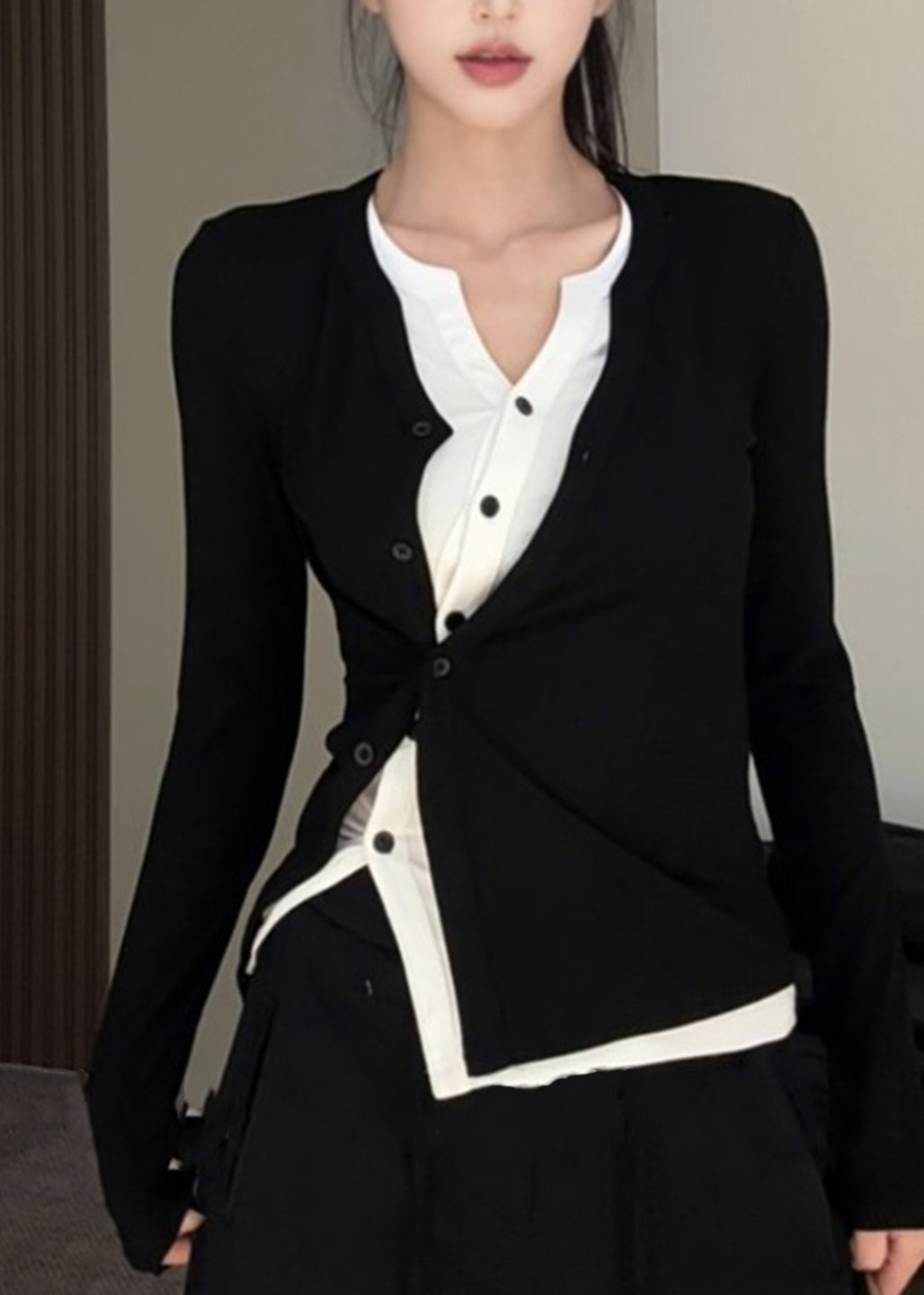 Elegant Black O-Neck Asymmetrical Top Fake Two Pieces Fall