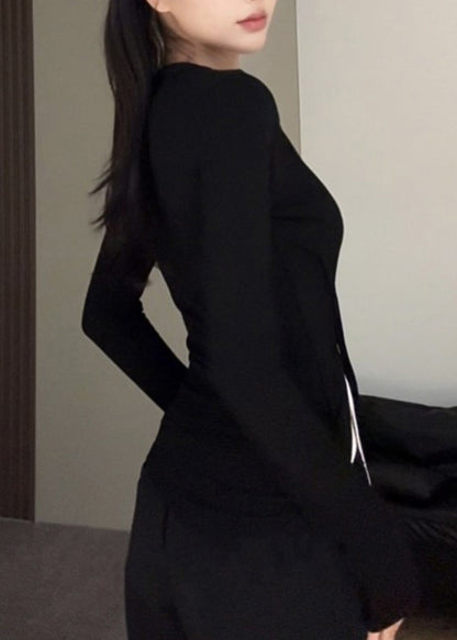 Elegant Black O-Neck Asymmetrical Top Fake Two Pieces Fall