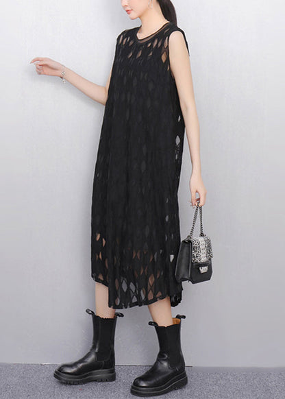 Elegant Black O Neck Hollow Out Tulle Long Dresses Sleeveless