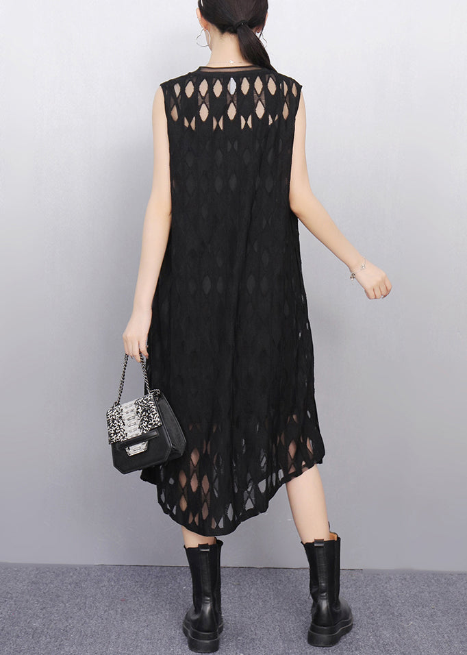 Elegant Black O Neck Hollow Out Tulle Long Dresses Sleeveless