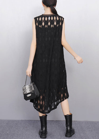 Elegant Black O Neck Hollow Out Tulle Long Dresses Sleeveless