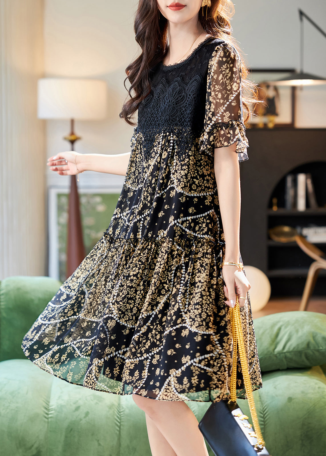 Elegant Black O Neck Lace Patchwork Print Chiffon Dress Summer