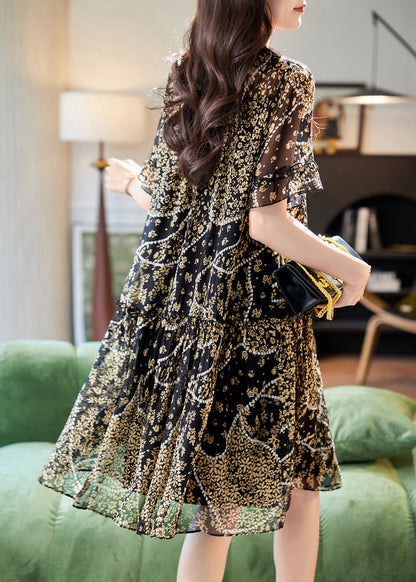 Elegant Black O Neck Lace Patchwork Print Chiffon Dress Summer