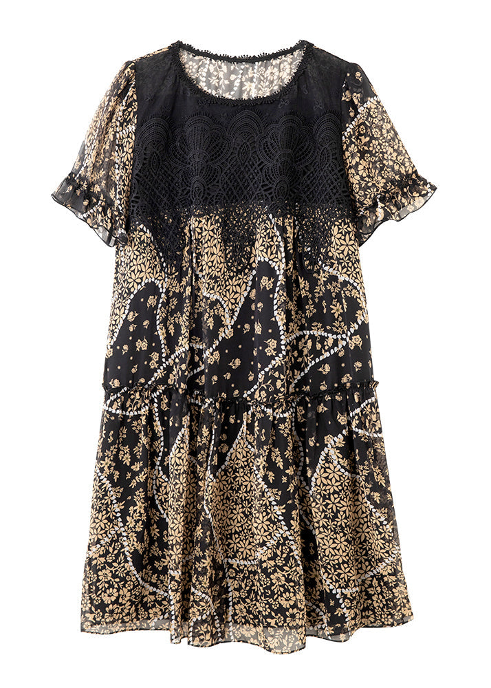 Elegant Black O Neck Lace Patchwork Print Chiffon Dress Summer